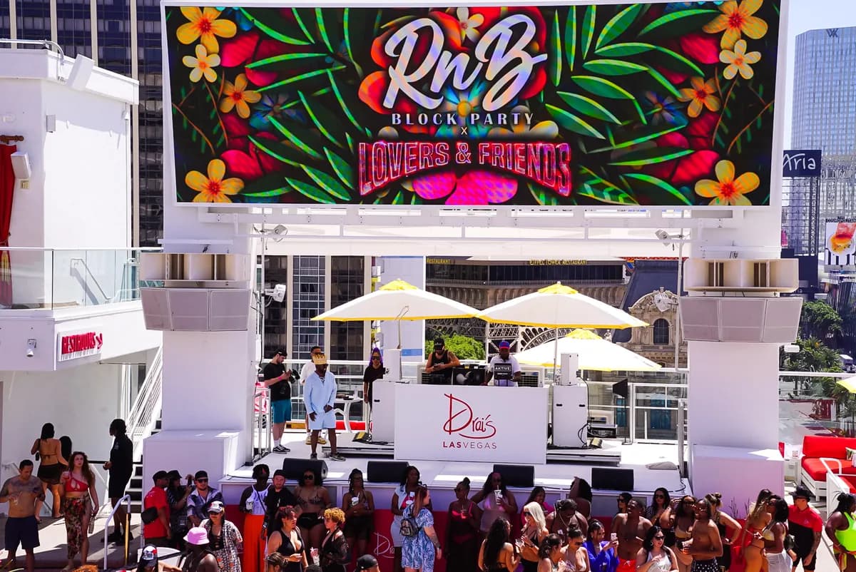 Daytime DJ setup at Drai's Las Vegas with attendees gathered below